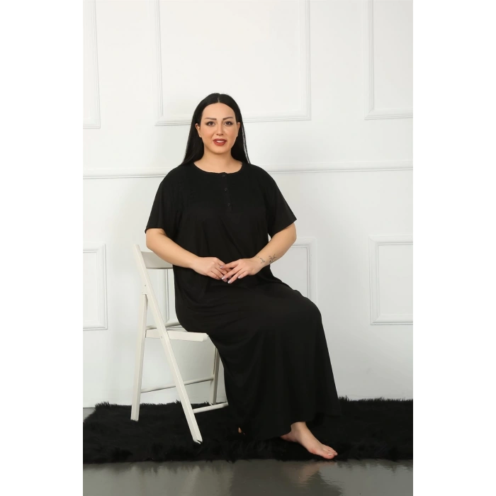 Moda Çizgi Big Dantelli Kısa Kol Siyah Anne Gecelik 1348