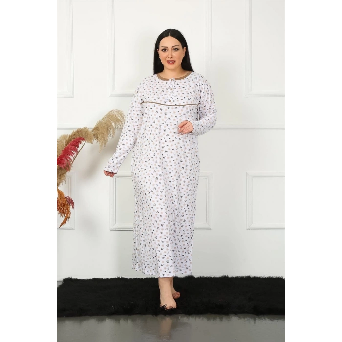 Moda Çizgi Big Uzun Kol Bej Anne Gecelik 1357