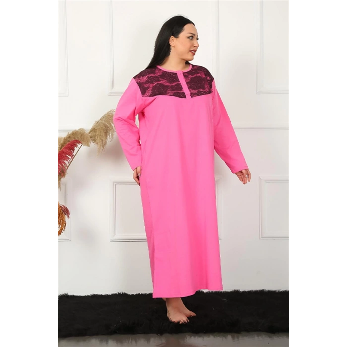 Moda Çizgi Big Uzun Kol Dantelli Fuşya Anne Gecelik 1355