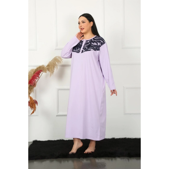 Moda Çizgi Big Uzun Kol Dantelli Lila Anne Gecelik 1355