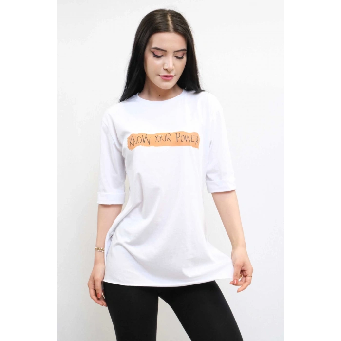 Moda Çizgi Bisiklet Yaka Oversize Tshirt Beyaz