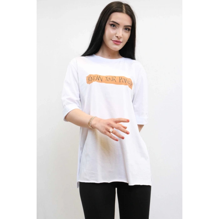 Moda Çizgi Bisiklet Yaka Oversize Tshirt Beyaz