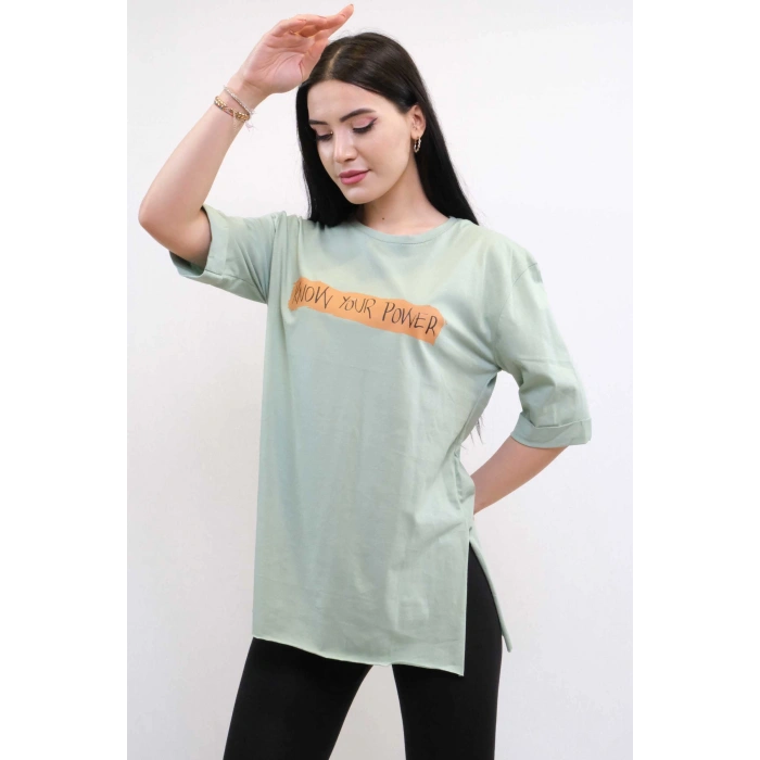 Moda Çizgi Bisiklet Yaka Oversize Tshirt Mint