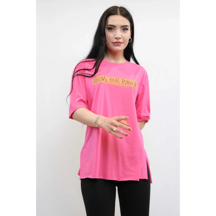 Moda Çizgi Bisiklet Yaka Oversize Tshirt Pembe