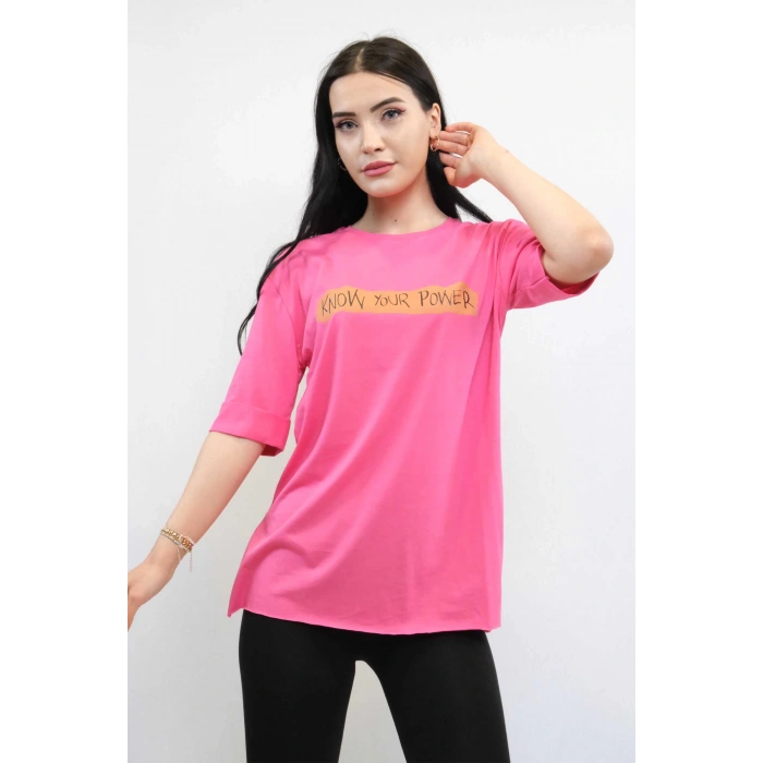 Moda Çizgi Bisiklet Yaka Oversize Tshirt Pembe