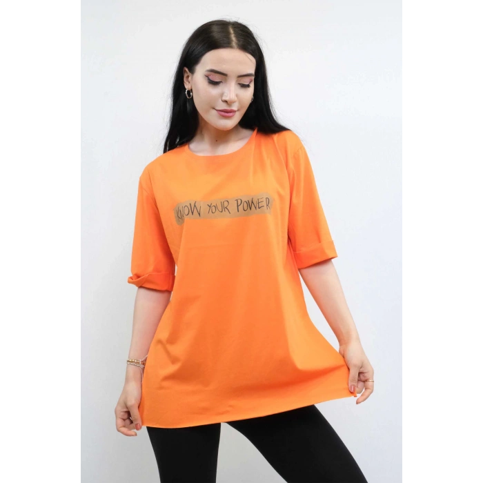 Moda Çizgi Bisiklet Yaka Oversize Tshirt Turuncu