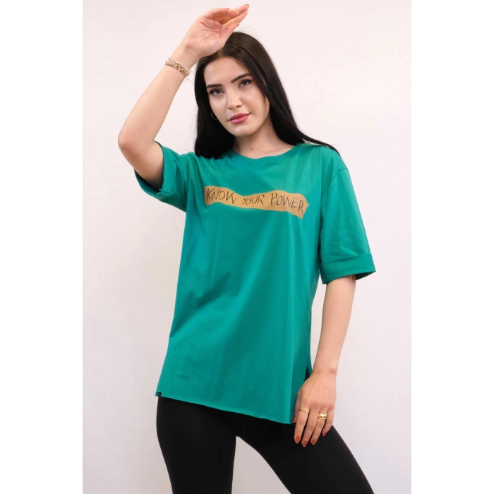 Moda Çizgi Bisiklet Yaka Oversize Tshirt Yeşil