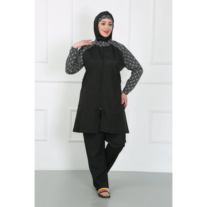 Moda Çizgi Büyük Beden Desenli Tesettür Mayo Siyah 44030