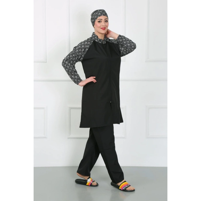 Moda Çizgi Büyük Beden Desenli Tesettür Mayo Siyah 44030