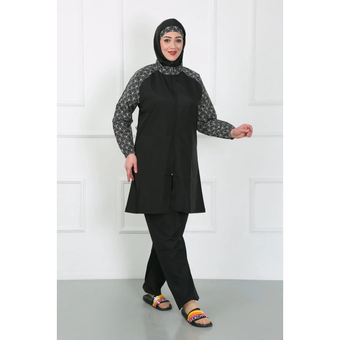 Moda Çizgi Büyük Beden Desenli Tesettür Mayo Siyah 44030