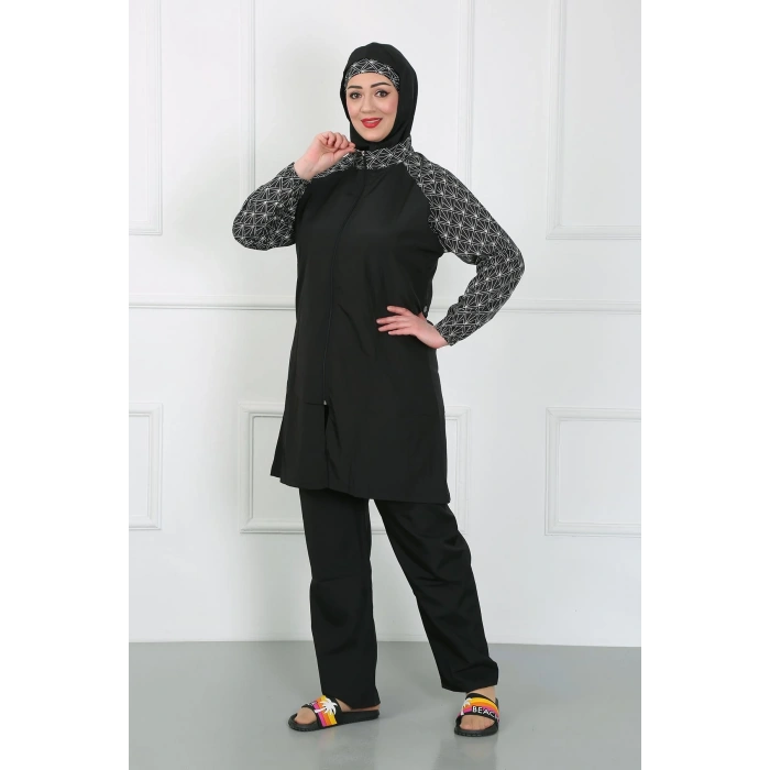 Moda Çizgi Büyük Beden Desenli Tesettür Mayo Siyah 44030