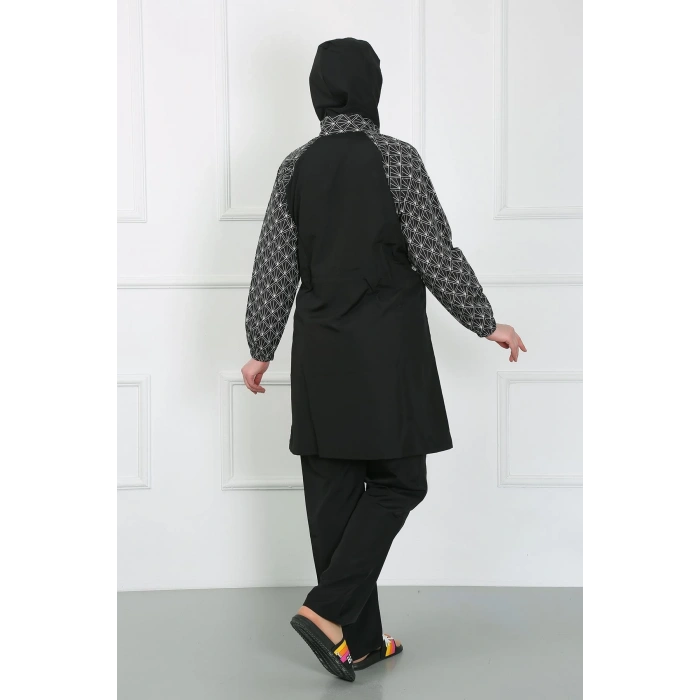 Moda Çizgi Büyük Beden Desenli Tesettür Mayo Siyah 44030