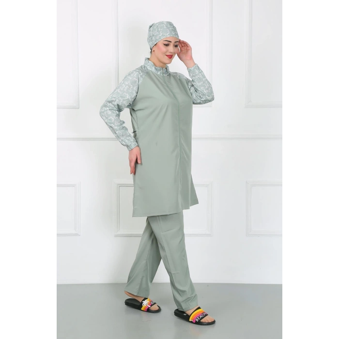 Moda Çizgi Büyük Beden Desenli Tesettür Mayo Su Yeşili 44030