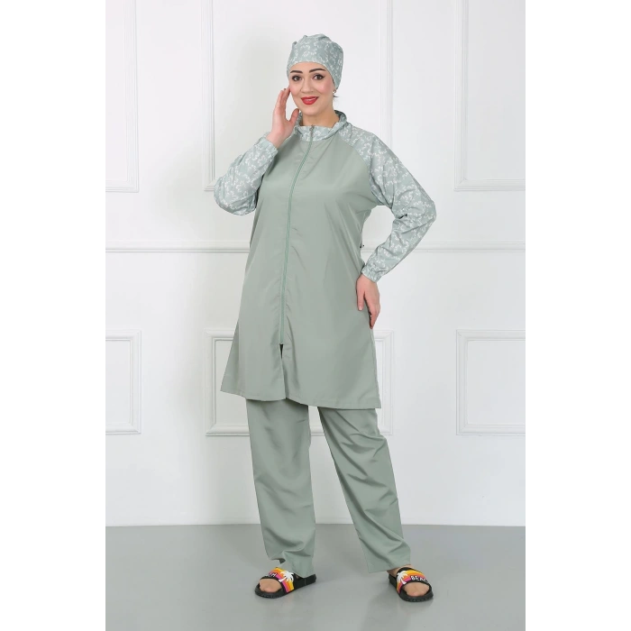 Moda Çizgi Büyük Beden Desenli Tesettür Mayo Su Yeşili 44030
