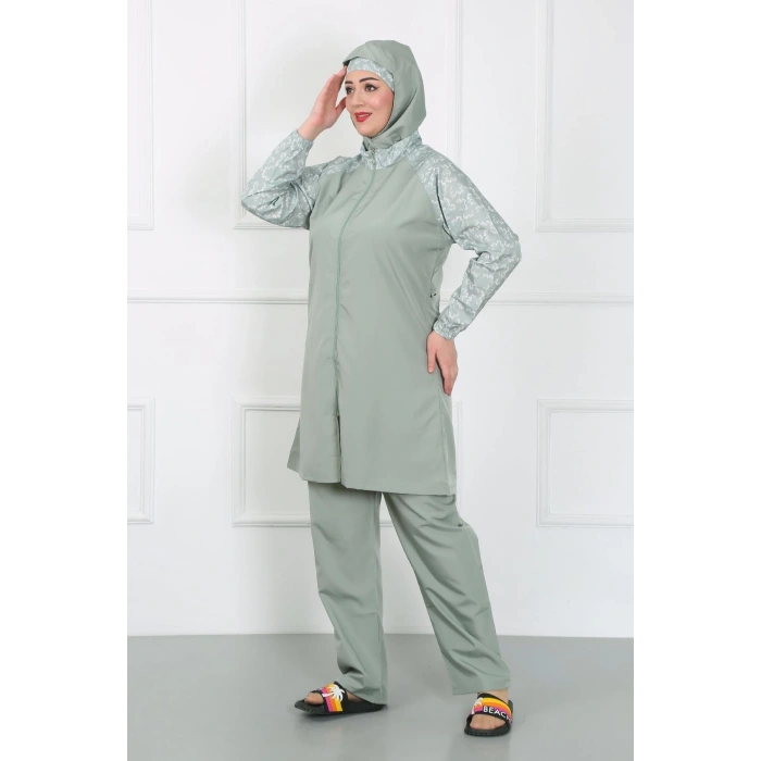 Moda Çizgi Büyük Beden Desenli Tesettür Mayo Su Yeşili 44030
