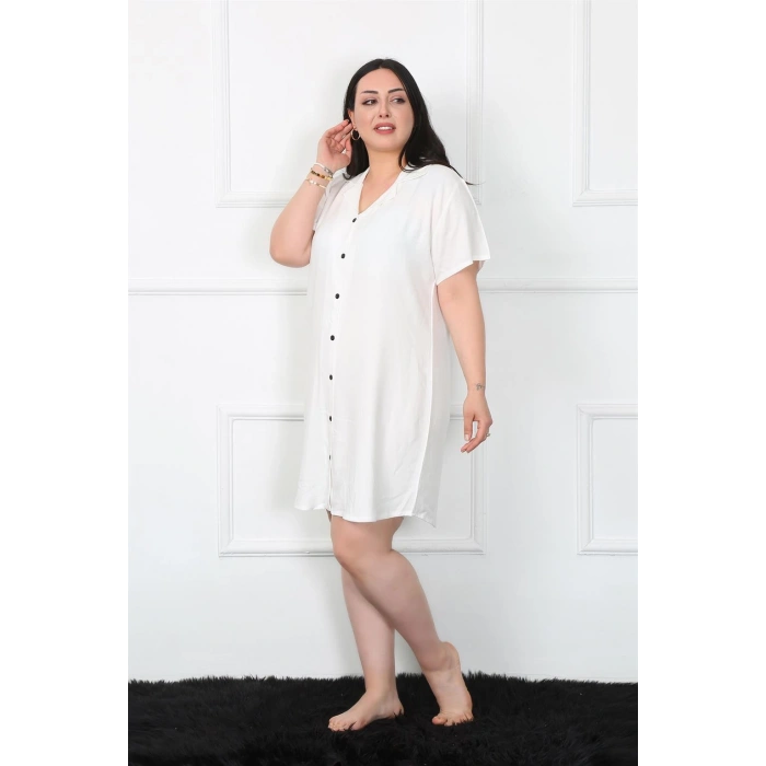 Moda Çizgi Büyük Beden Dokuma Düğmeli Beyaz Tunik Gecelik 1022