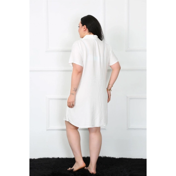 Moda Çizgi Büyük Beden Dokuma Düğmeli Beyaz Tunik Gecelik 1022