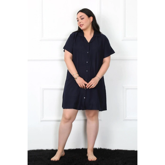 Moda Çizgi Büyük Beden Dokuma Düğmeli Lacivert Tunik Gecelik 1022