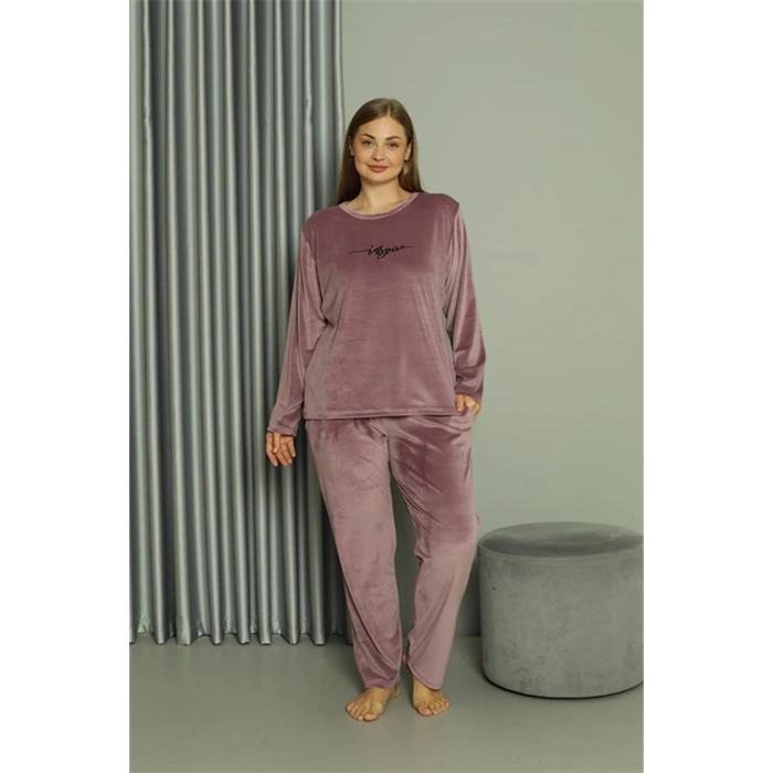 Moda Çizgi Büyük Beden Kadın Kadife Mor Pijama Takım 20628