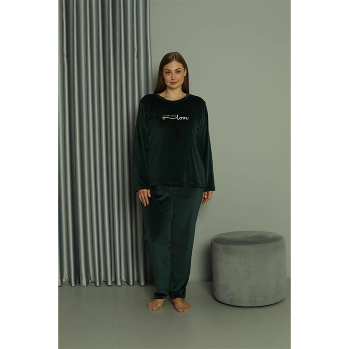 Moda Çizgi Büyük Beden Kadın Kadife Yeşil Pijama Takım 20628