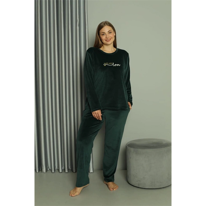 Moda Çizgi Büyük Beden Kadın Kadife Yeşil Pijama Takım 20628