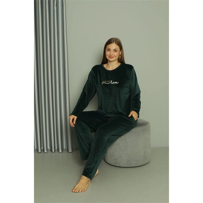 Moda Çizgi Büyük Beden Kadın Kadife Yeşil Pijama Takım 20628