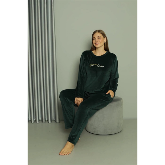 Moda Çizgi Büyük Beden Kadın Kadife Yeşil Pijama Takım 20628