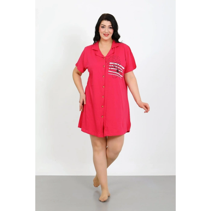 Moda Çizgi Büyük Beden Penye Düğmeli Fuşya Tunik Gecelik 1025
