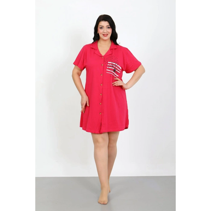 Moda Çizgi Büyük Beden Penye Düğmeli Fuşya Tunik Gecelik 1025