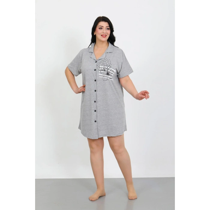 Moda Çizgi Büyük Beden Penye Düğmeli Gri Tunik Gecelik 1025