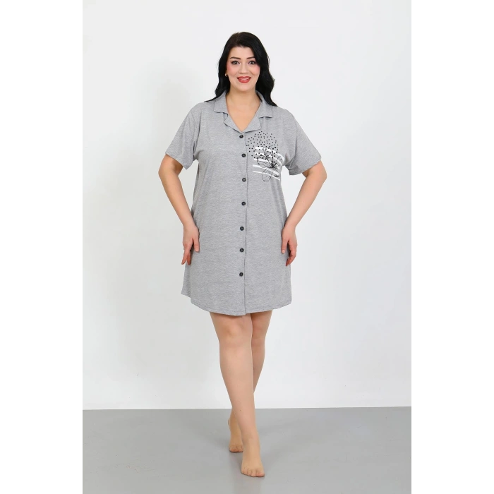 Moda Çizgi Büyük Beden Penye Düğmeli Gri Tunik Gecelik 1025