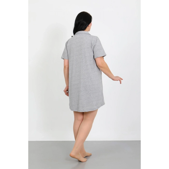 Moda Çizgi Büyük Beden Penye Düğmeli Gri Tunik Gecelik 1025