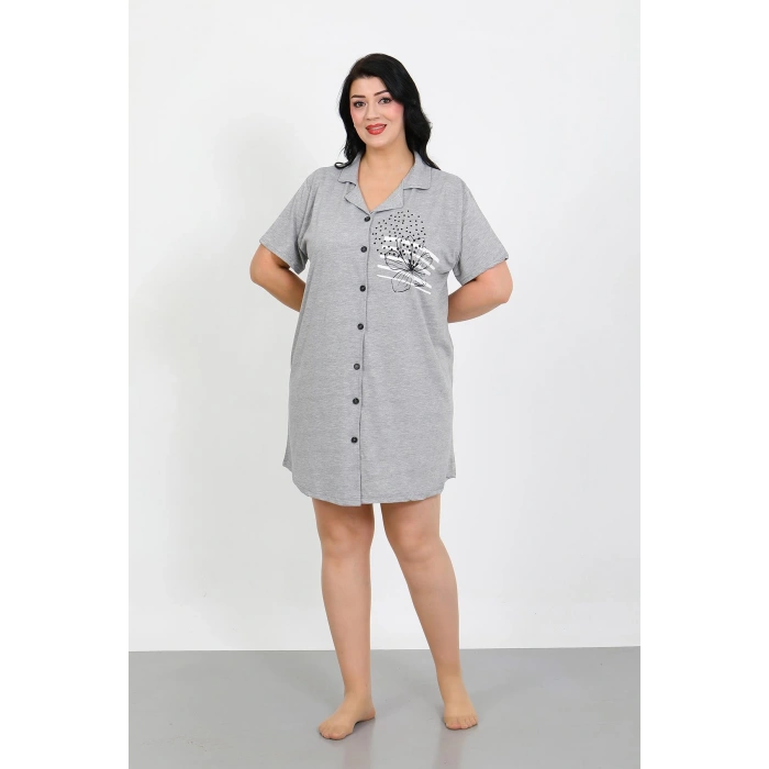 Moda Çizgi Büyük Beden Penye Düğmeli Gri Tunik Gecelik 1025