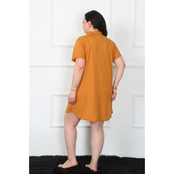 Moda Çizgi Büyük Beden Penye Düğmeli Hardal Tunik Gecelik 1025