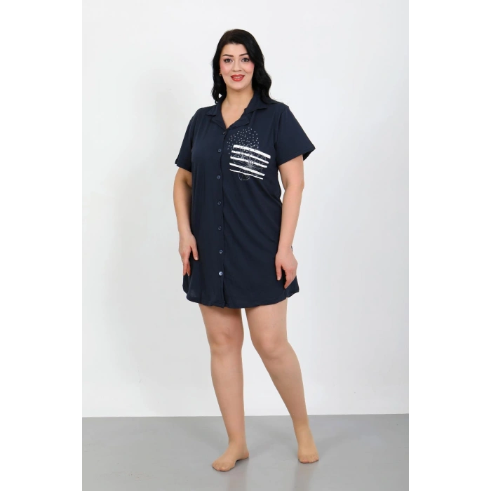 Moda Çizgi Büyük Beden Penye Düğmeli Lacivert Tunik Gecelik 1025