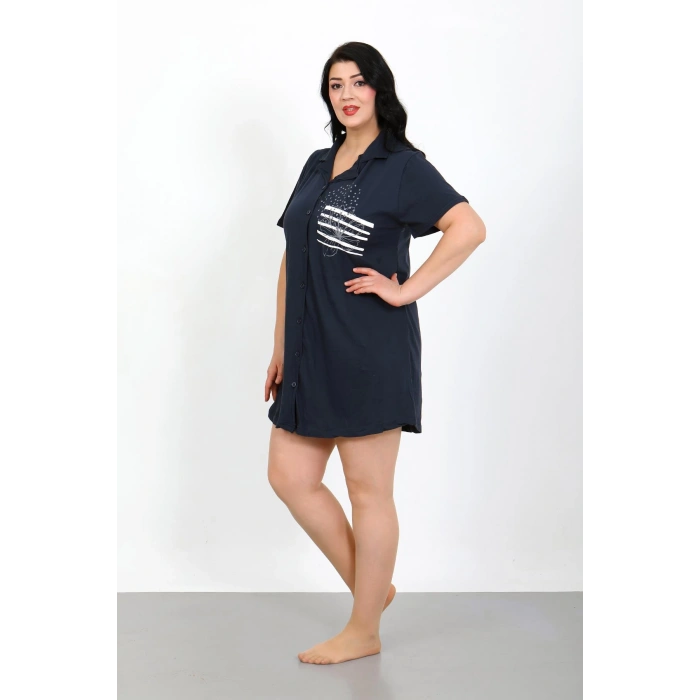 Moda Çizgi Büyük Beden Penye Düğmeli Lacivert Tunik Gecelik 1025
