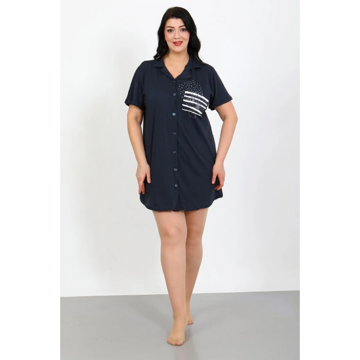 Moda Çizgi Büyük Beden Penye Düğmeli Lacivert Tunik Gecelik 1025
