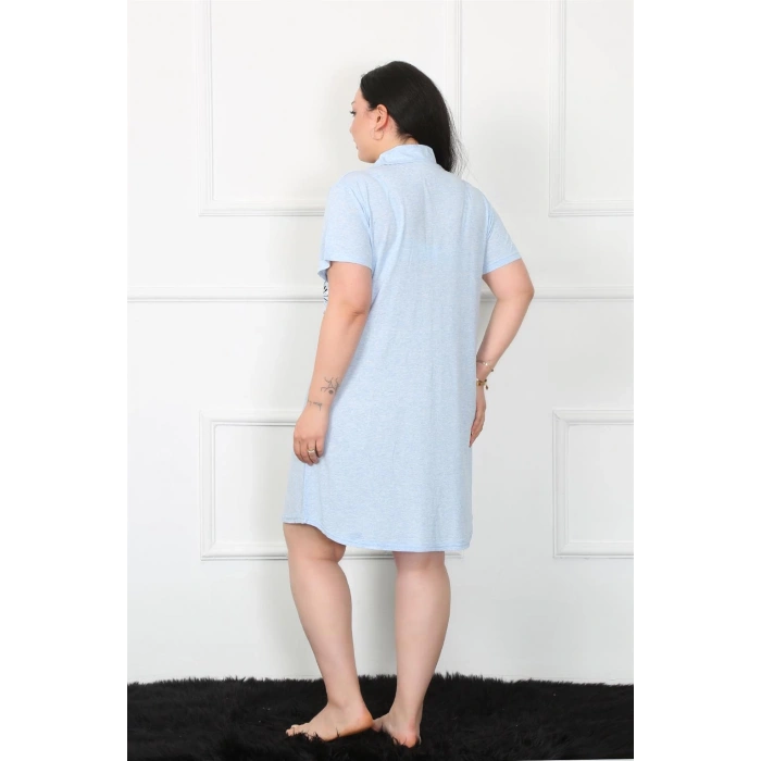 Moda Çizgi Büyük Beden Penye Düğmeli Mavi Tunik Gecelik 1025