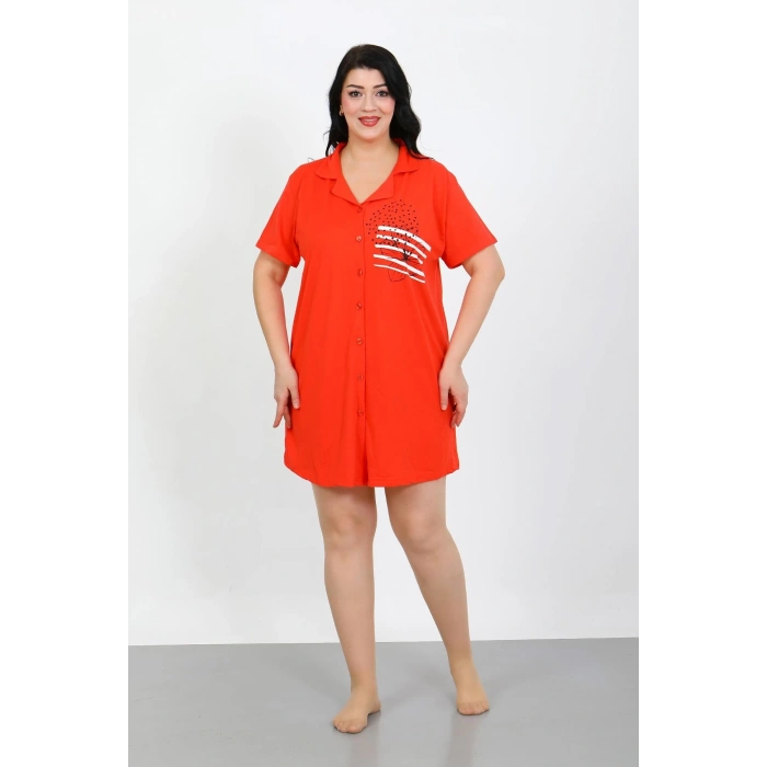 Moda Çizgi Büyük Beden Penye Düğmeli Nar Çiçeği Tunik Gecelik 1025