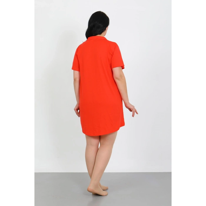 Moda Çizgi Büyük Beden Penye Düğmeli Nar Çiçeği Tunik Gecelik 1025