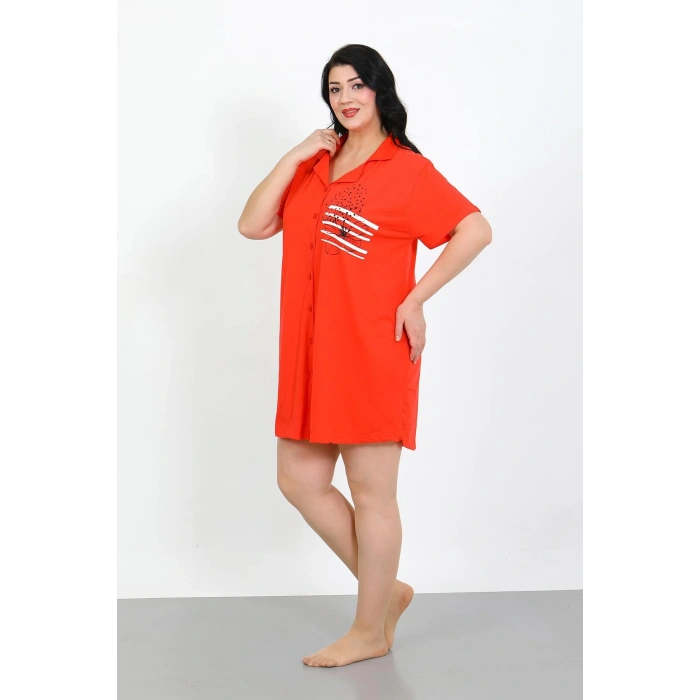 Moda Çizgi Büyük Beden Penye Düğmeli Nar Çiçeği Tunik Gecelik 1025