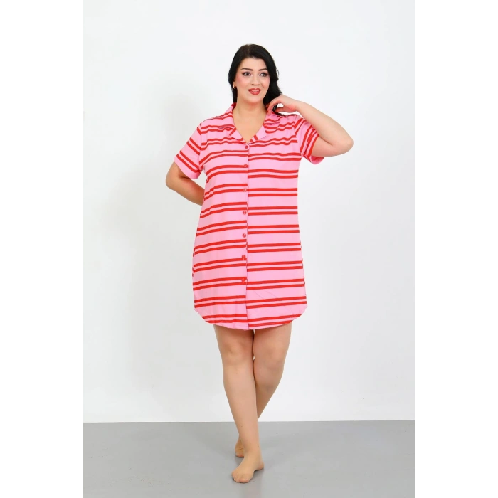 Moda Çizgi Büyük Beden Penye Düğmeli Pembe Tunik Gecelik 1033