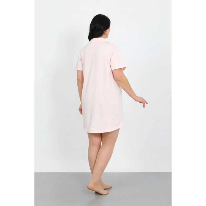 Moda Çizgi Büyük Beden Penye Düğmeli Pudra Tunik Gecelik 1025