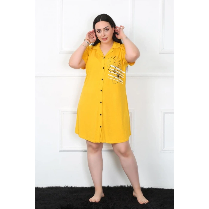 Moda Çizgi Büyük Beden Penye Düğmeli Sarı Tunik Gecelik 1025