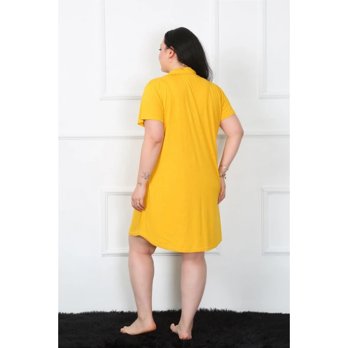 Moda Çizgi Büyük Beden Penye Düğmeli Sarı Tunik Gecelik 1025