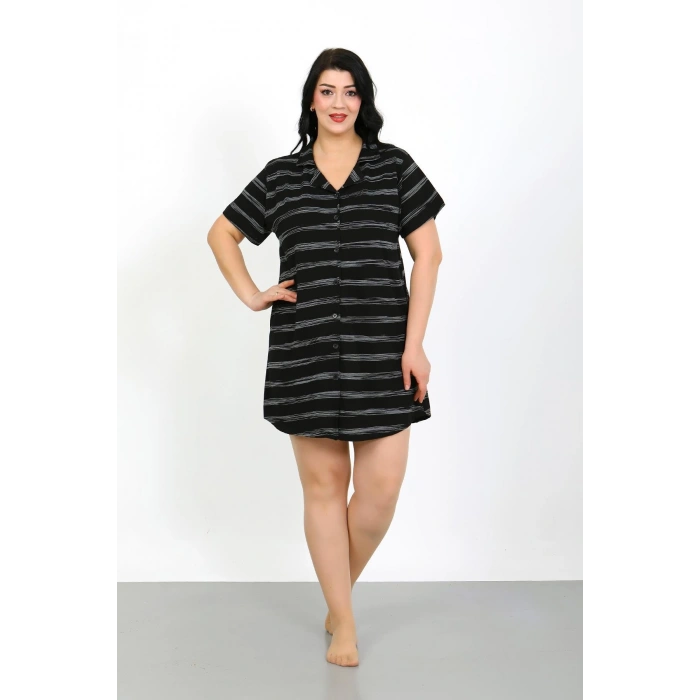 Moda Çizgi Büyük Beden Penye Düğmeli Siyah Tunik Gecelik 1033