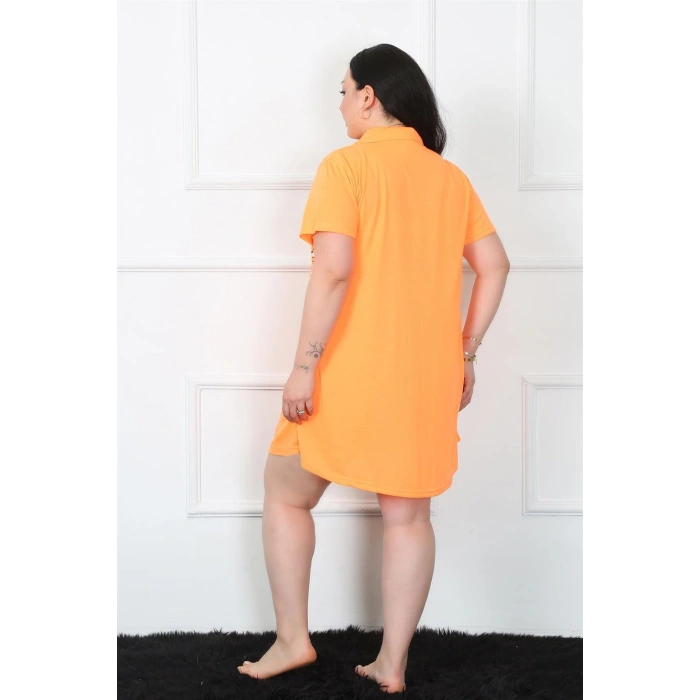 Moda Çizgi Büyük Beden Penye Düğmeli Turuncu Tunik Gecelik 1025