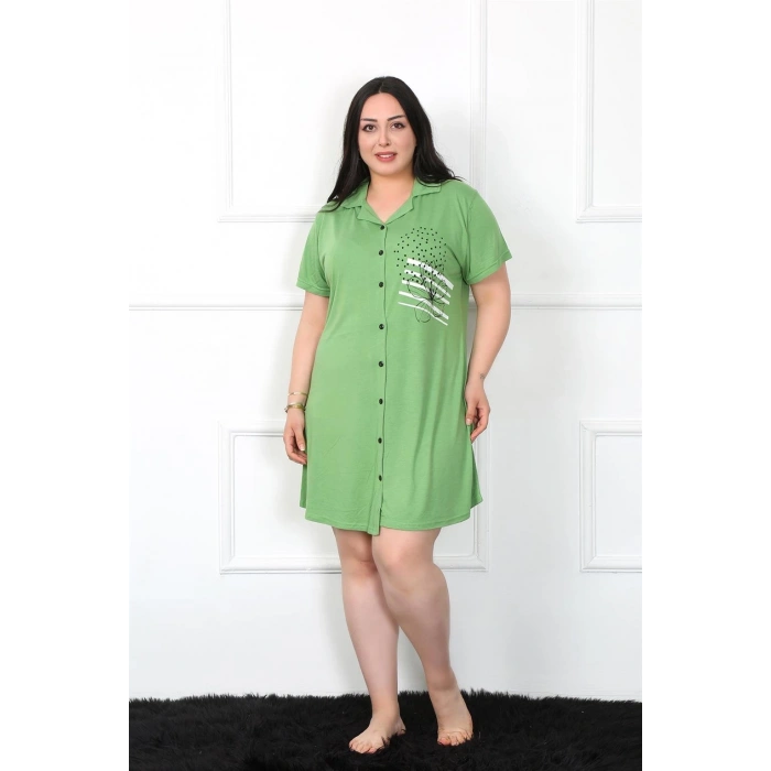 Moda Çizgi Büyük Beden Penye Düğmeli Yeşil Tunik Gecelik 1025