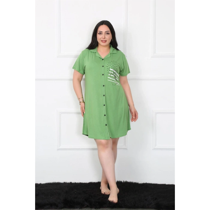Moda Çizgi Büyük Beden Penye Düğmeli Yeşil Tunik Gecelik 1025