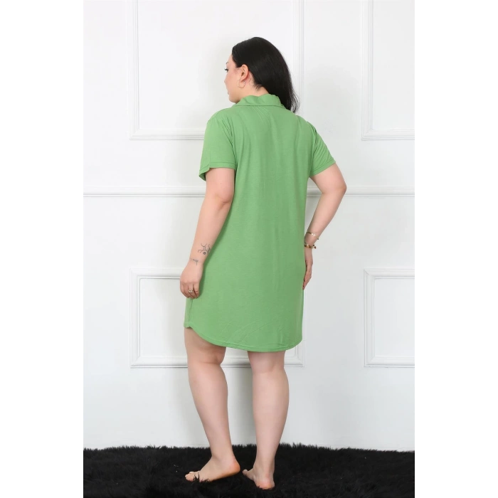 Moda Çizgi Büyük Beden Penye Düğmeli Yeşil Tunik Gecelik 1025